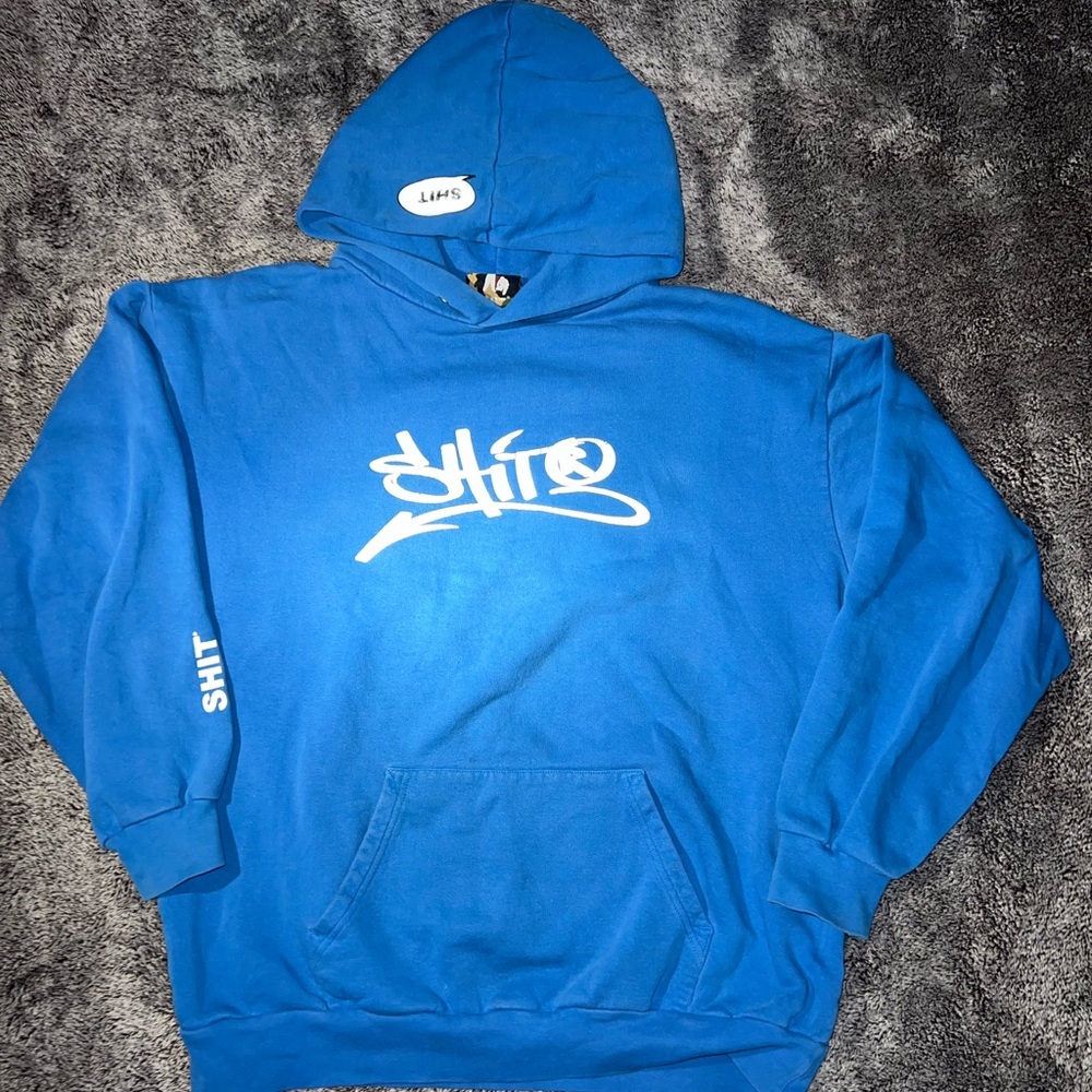 Vintage Men Sweater Hoodie - Bright Blue with White Logo